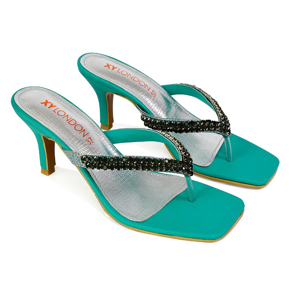 Lynn Square Toe Post Embellished Diamante Strappy Kitten Heel Mule Sandals in Green - Image 31