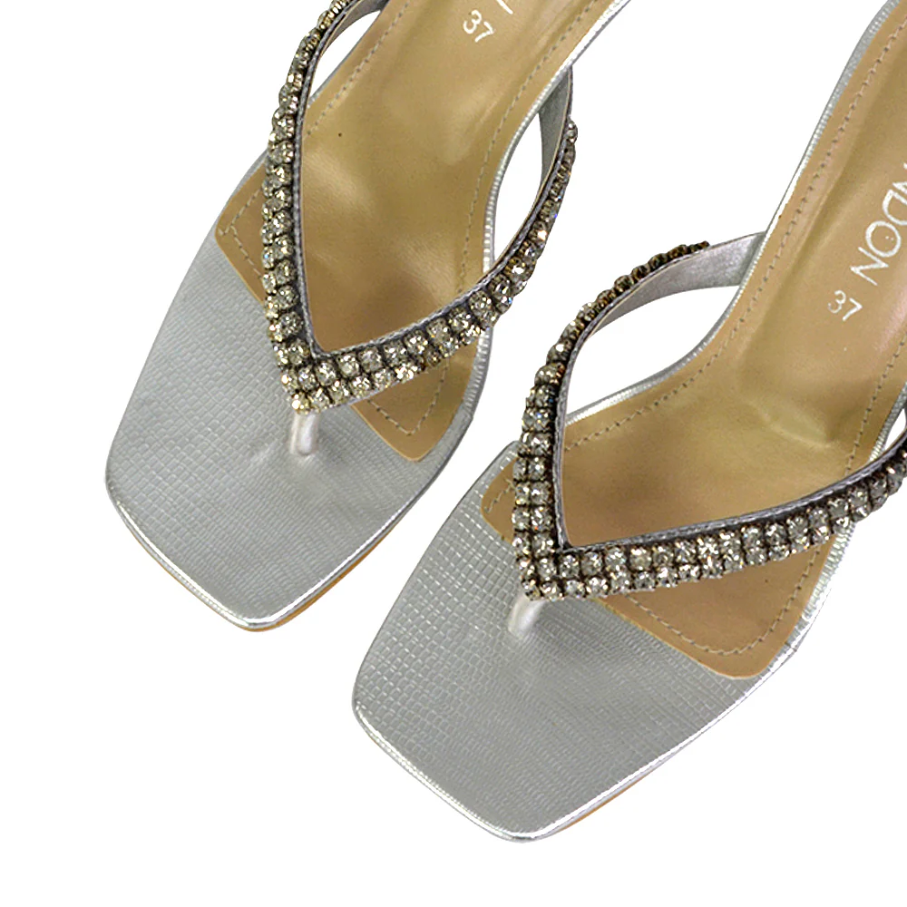 Lynn Square Toe Post Embellished Diamante Strappy Kitten Heel Mule Sandals in Orange - Image 107