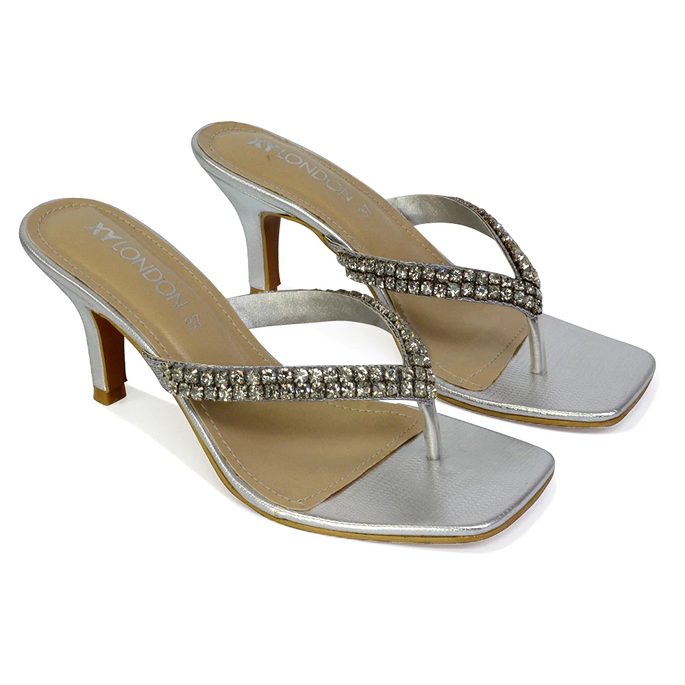 Lynn Square Toe Post Embellished Diamante Strappy Kitten Heel Mule Sandals in Orange - Image 116