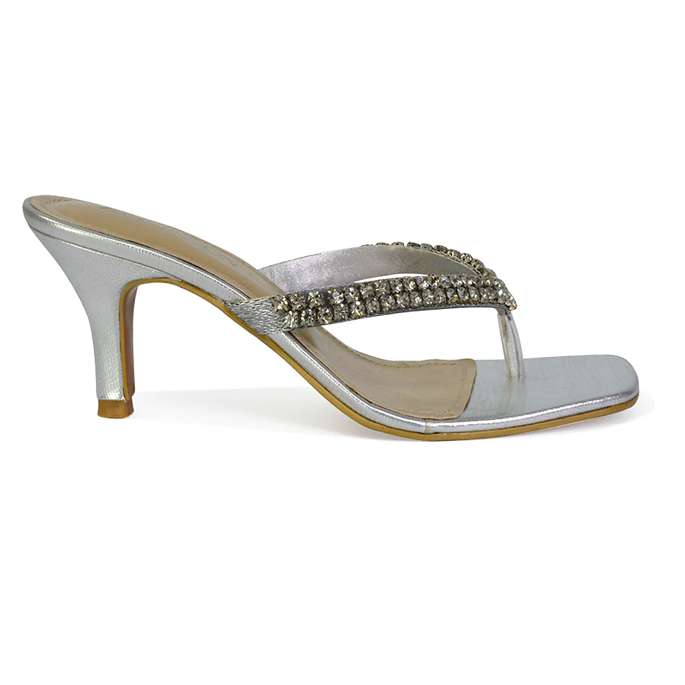 Lynn Square Toe Post Embellished Diamante Strappy Kitten Heel Mule Sandals in Orange - Image 118