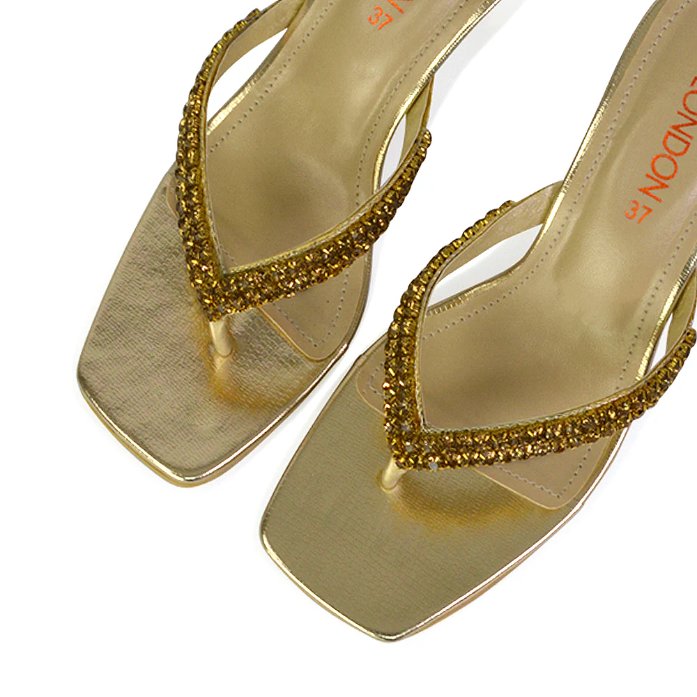 Lynn Square Toe Post Embellished Diamante Strappy Kitten Heel Mule Sandals in Orange - Image 127