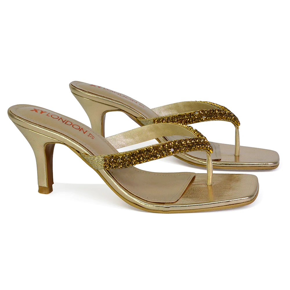 Lynn Square Toe Post Embellished Diamante Strappy Kitten Heel Mule Sandals in Orange - Image 144