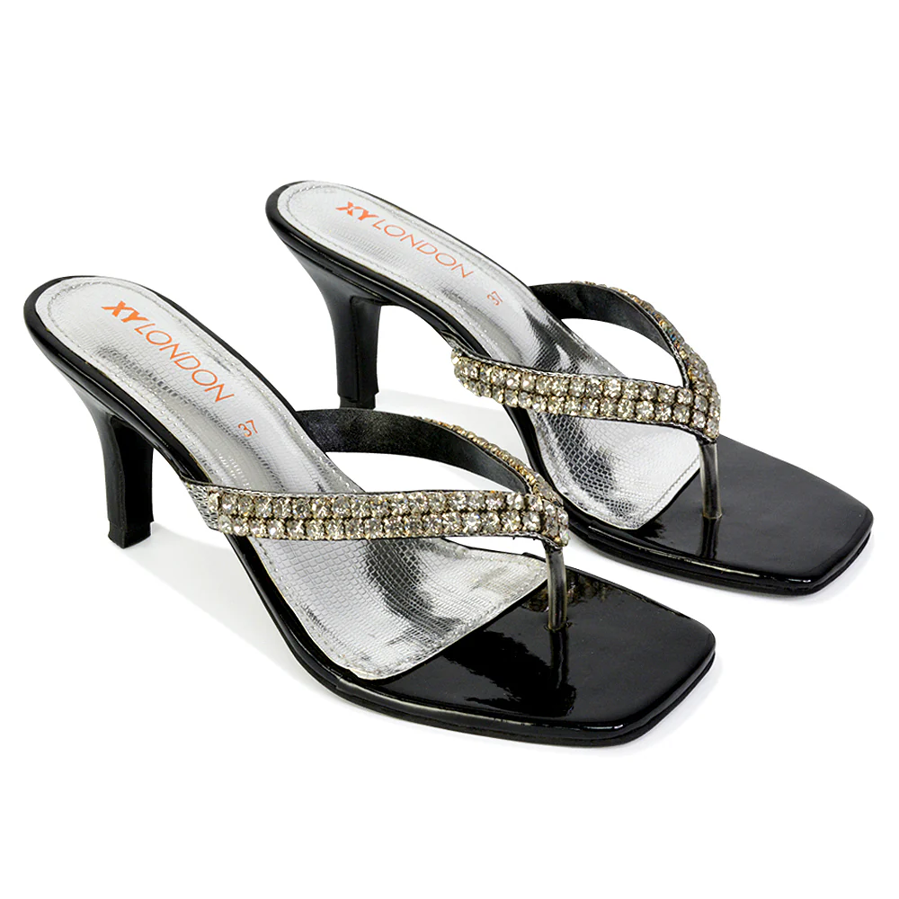 Lynn Square Toe Post Embellished Diamante Strappy Kitten Heel Mule Sandals in Orange - Image 166