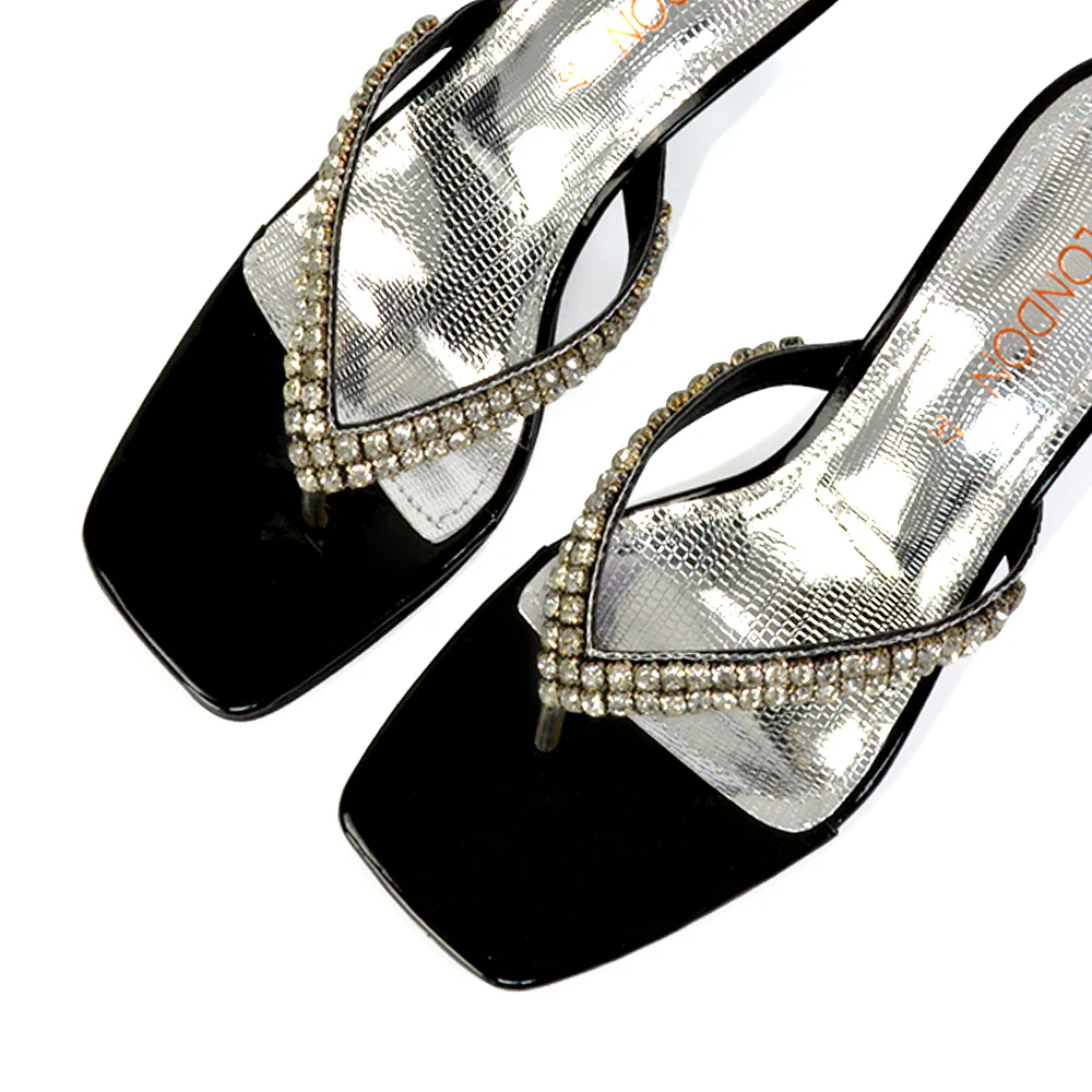 Lynn Square Toe Post Embellished Diamante Strappy Kitten Heel Mule Sandals in Orange - Image 167