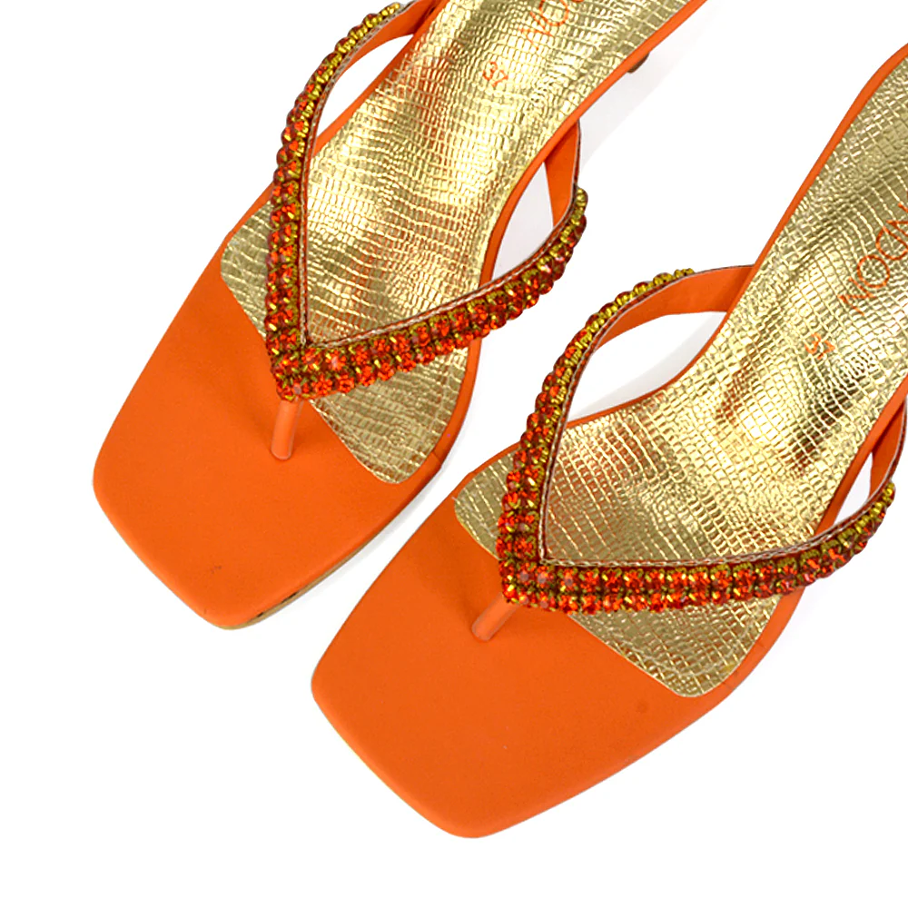 Lynn Square Toe Post Embellished Diamante Strappy Kitten Heel Mule Sandals in Orange - Image 26