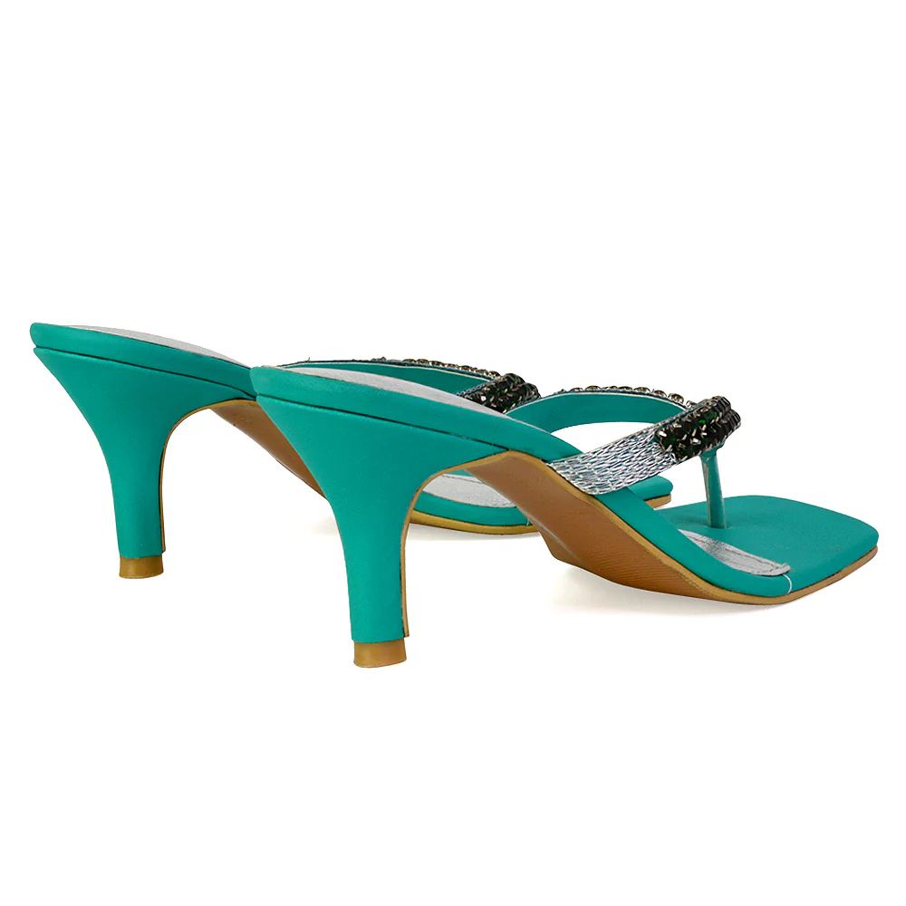 Lynn Square Toe Post Embellished Diamante Strappy Kitten Heel Mule Sandals in Orange - Image 50