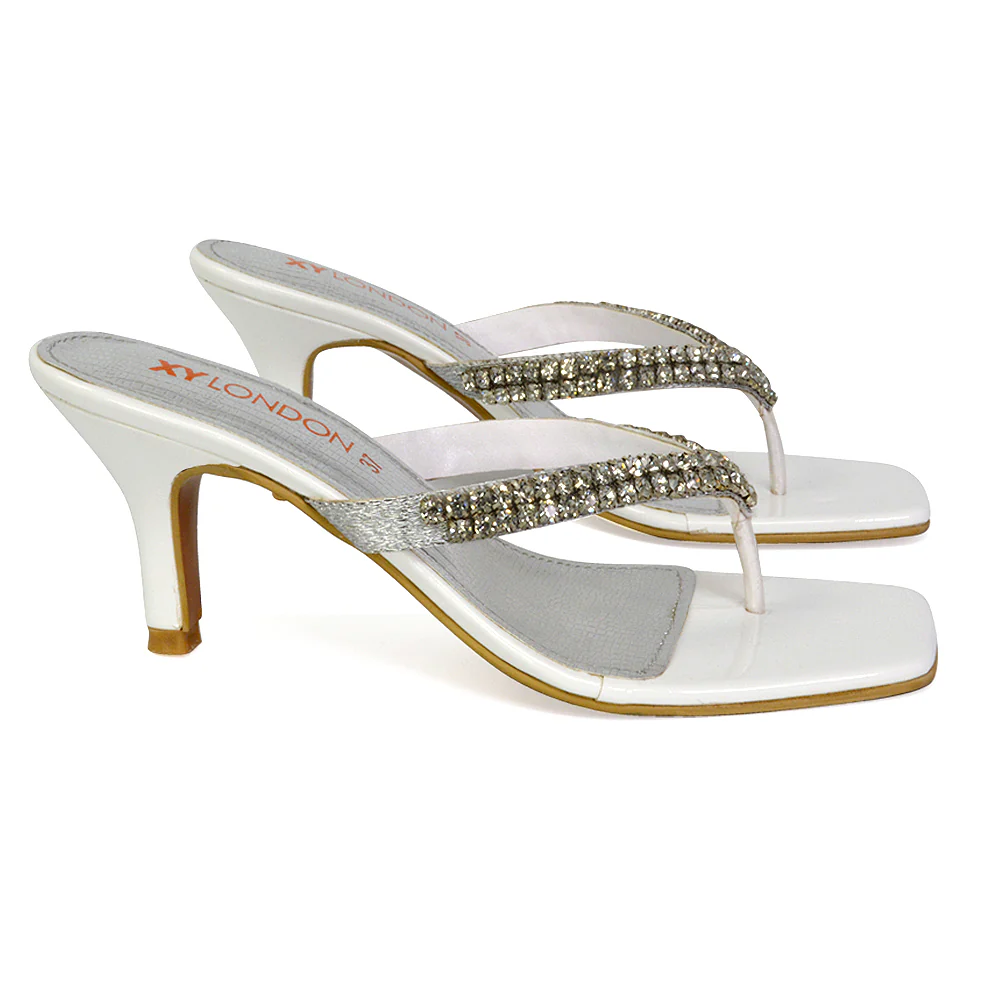 Lynn Square Toe Post Embellished Diamante Strappy Kitten Heel Mule Sandals in Orange - Image 74