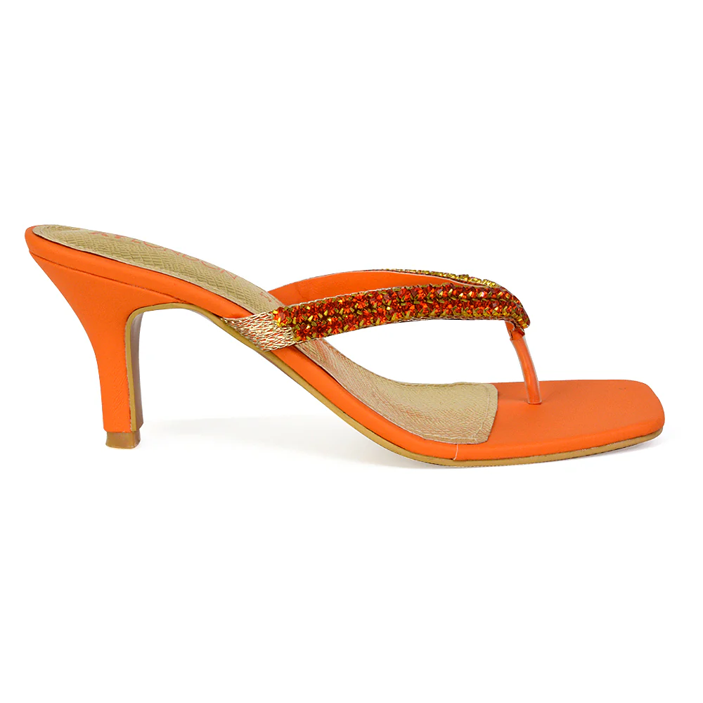 Lynn Square Toe Post Embellished Diamante Strappy Kitten Heel Mule Sandals in Silver - Image 103