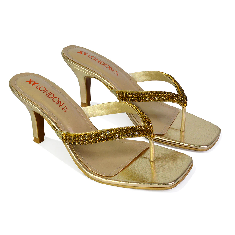 Lynn Square Toe Post Embellished Diamante Strappy Kitten Heel Mule Sandals in Silver - Image 141