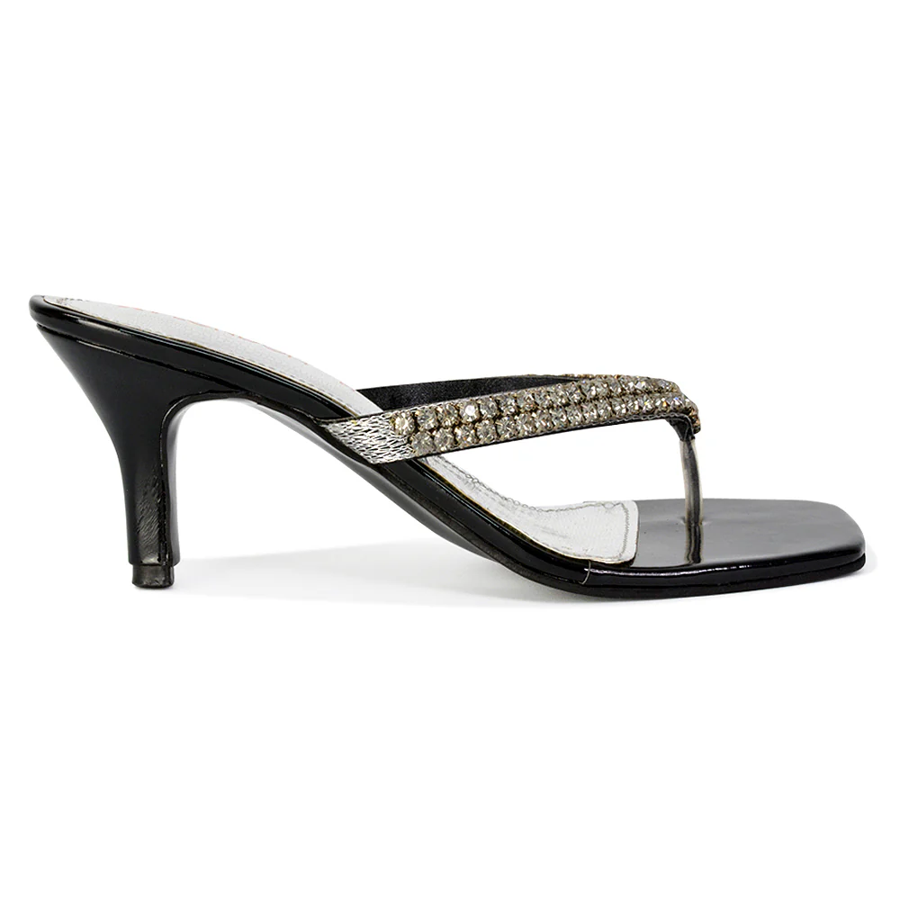 Lynn Square Toe Post Embellished Diamante Strappy Kitten Heel Mule Sandals in Silver - Image 168