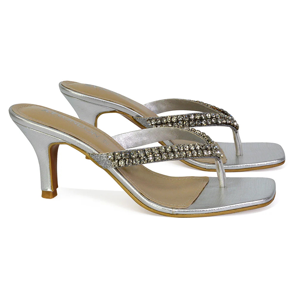 Lynn Square Toe Post Embellished Diamante Strappy Kitten Heel Mule Sandals in Silver - Image 20