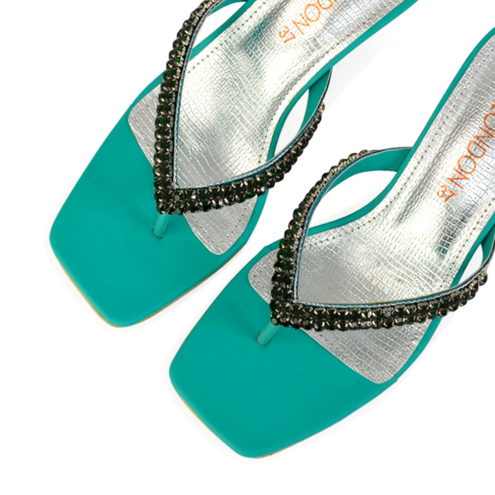 Lynn Square Toe Post Embellished Diamante Strappy Kitten Heel Mule Sandals in Silver - Image 37