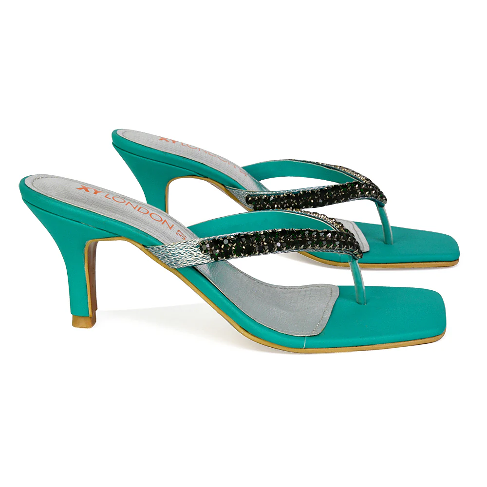 Lynn Square Toe Post Embellished Diamante Strappy Kitten Heel Mule Sandals in Silver - Image 39