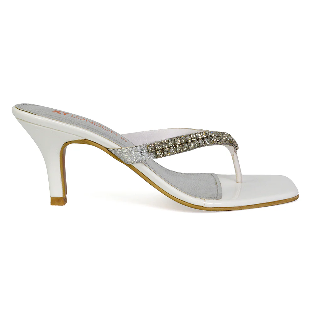 Lynn Square Toe Post Embellished Diamante Strappy Kitten Heel Mule Sandals in Silver - Image 83