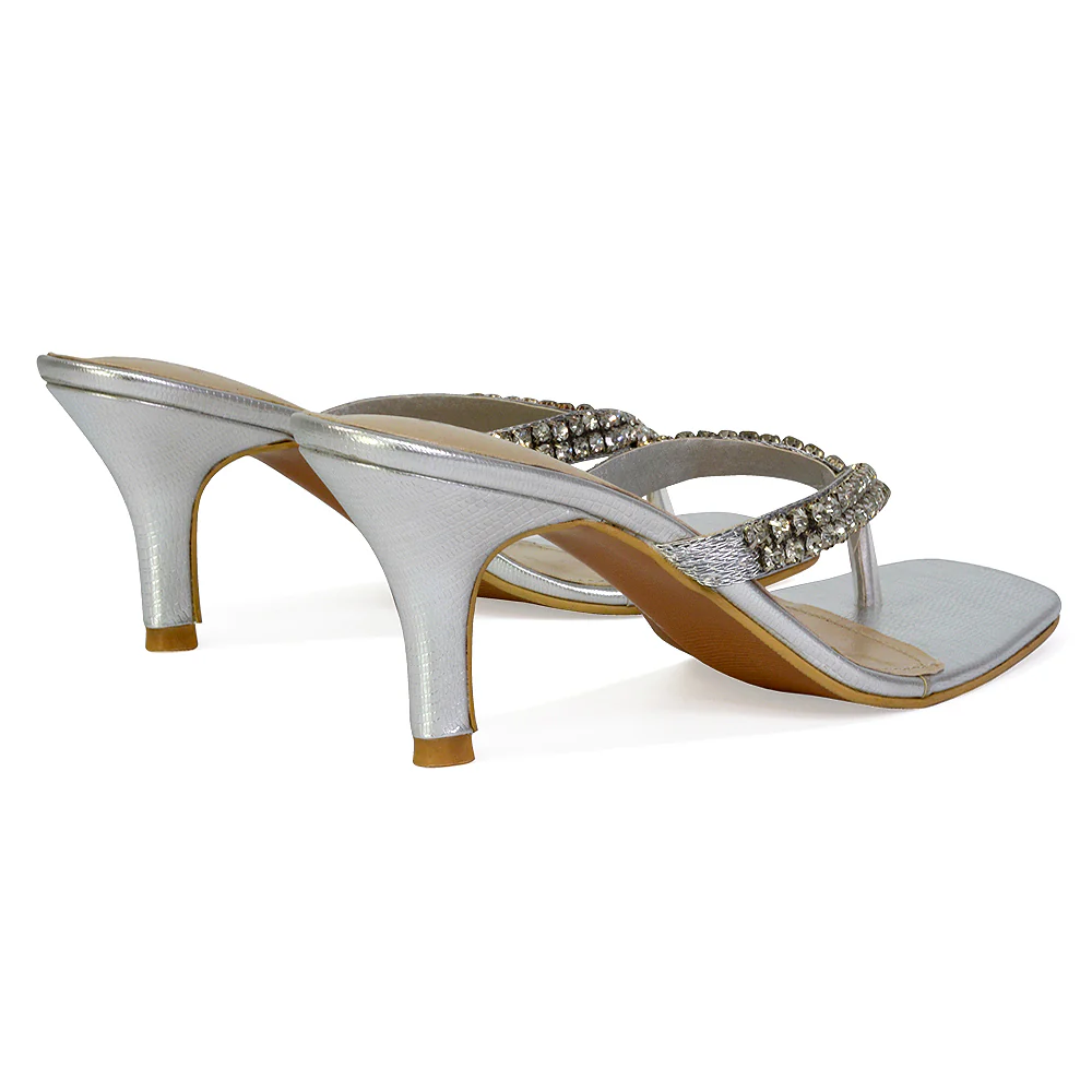 Lynn Square Toe Post Embellished Diamante Strappy Kitten Heel Mule Sandals in White - Image 110