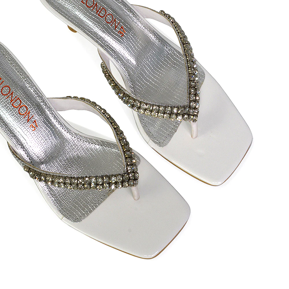 Lynn Square Toe Post Embellished Diamante Strappy Kitten Heel Mule Sandals in White - Image 30
