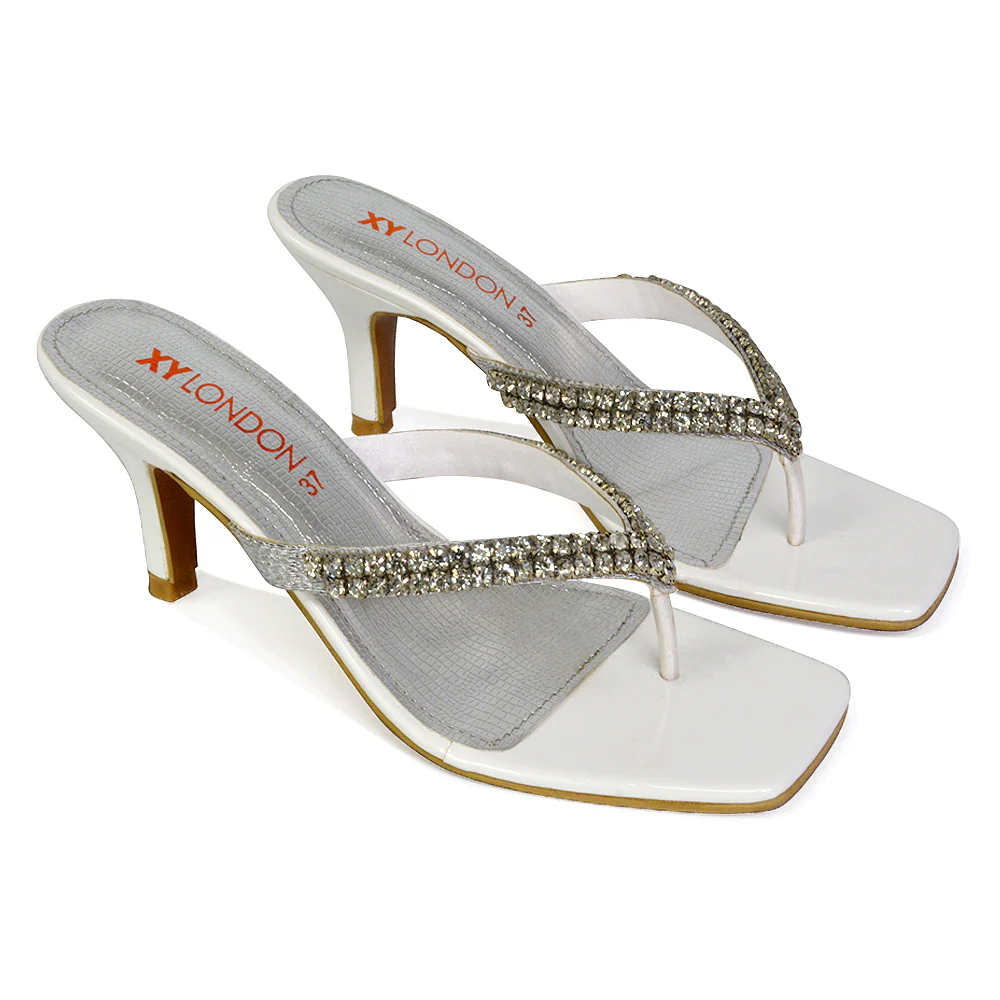 Lynn Square Toe Post Embellished Diamante Strappy Kitten Heel Mule Sandals in White - Image 31