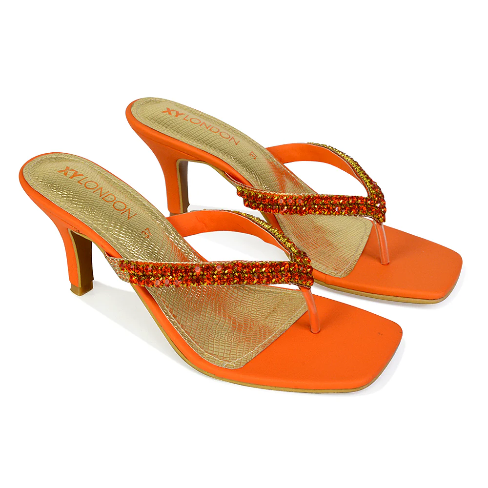 Lynn Square Toe Post Embellished Diamante Strappy Kitten Heel Mule Sandals in White - Image 71