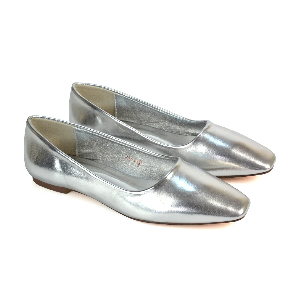 Maci Square Toe Slip on Flat Heel Ballerina Pumps in Silver Metallic - Image 2