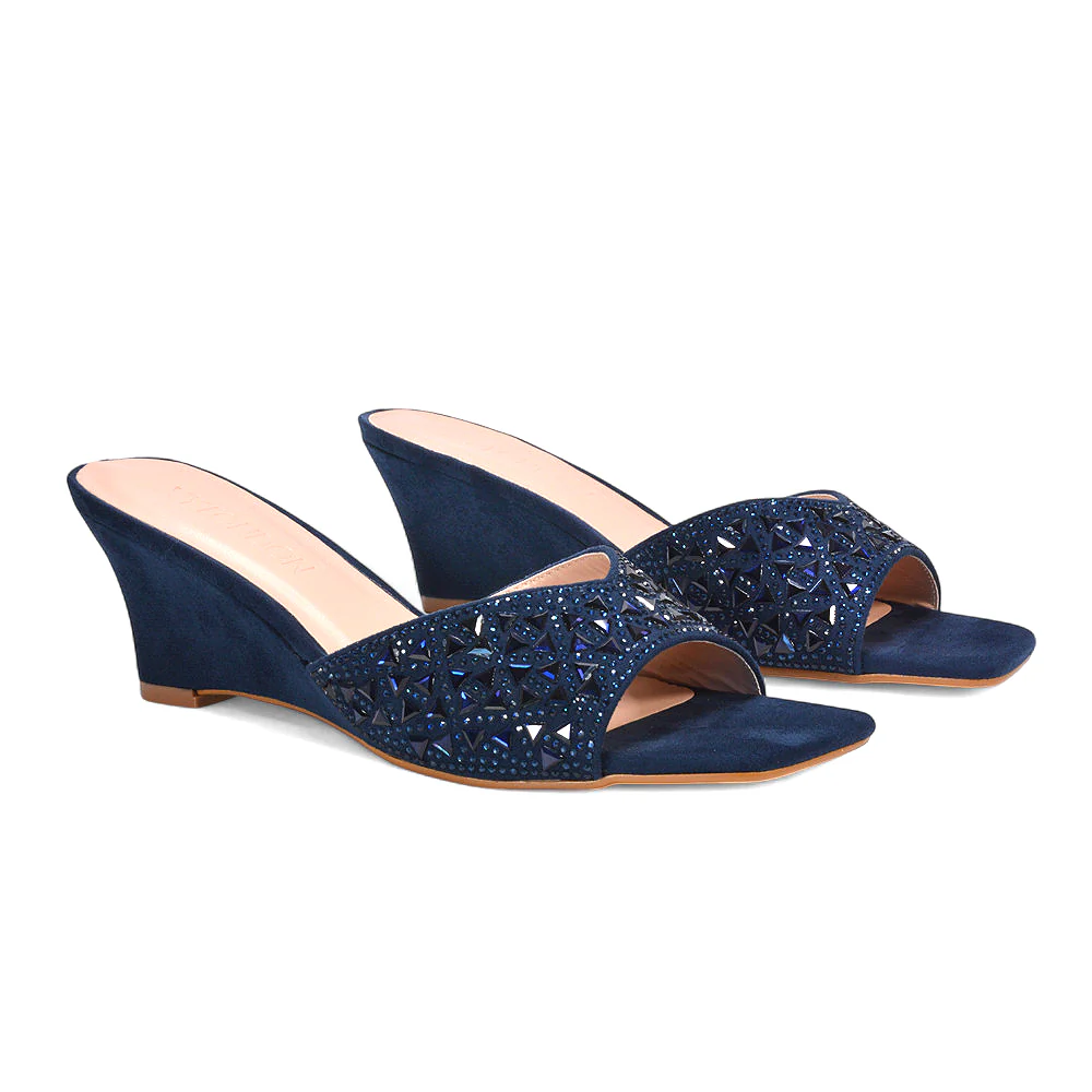 Maddi Square Toe Diamante Jewel Wedge Heel Sandal Mules in Navy
