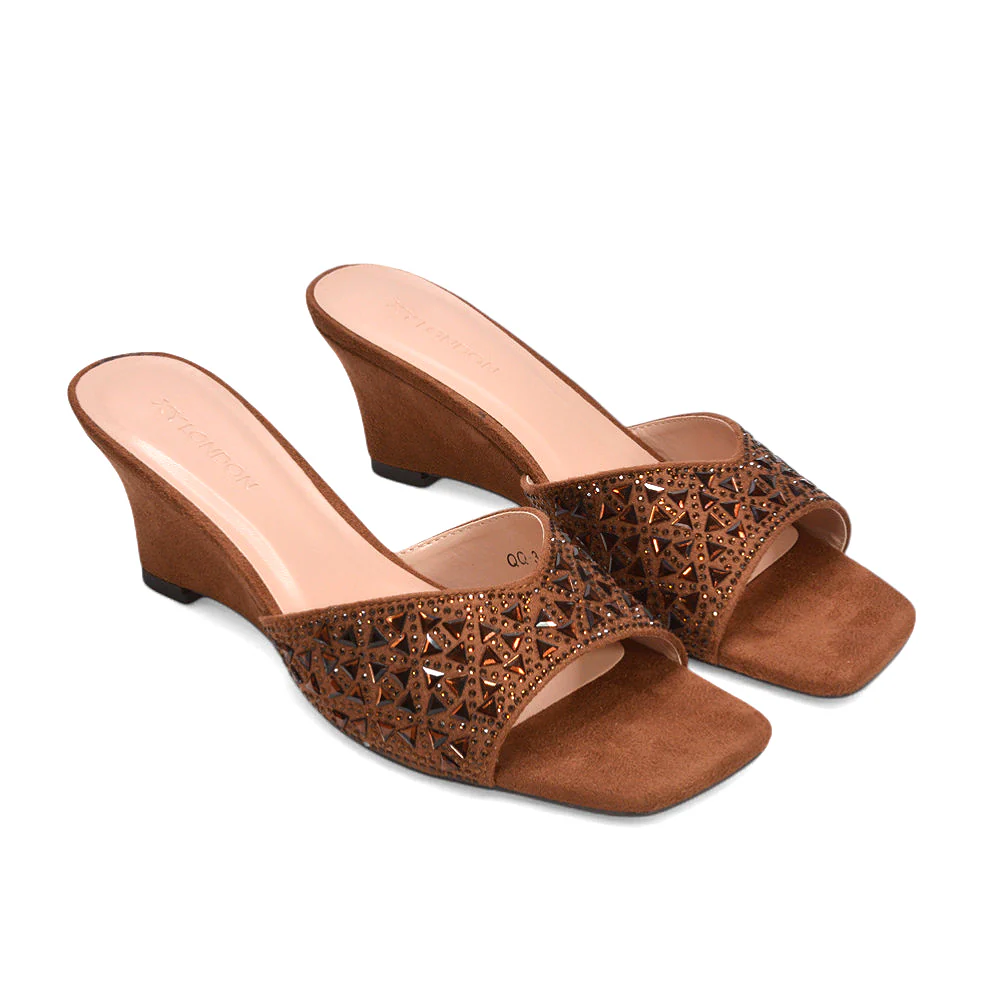 Maddi Square Toe Diamante Jewel Wedge Heel Sandal Mules in Navy - Image 26