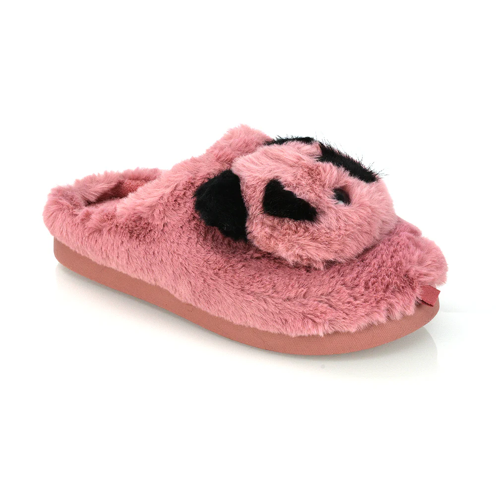 Maddie Fluffy Faux Fur Closed Toe Slip on Flat Panda Slipper Slides in Black - Image 16