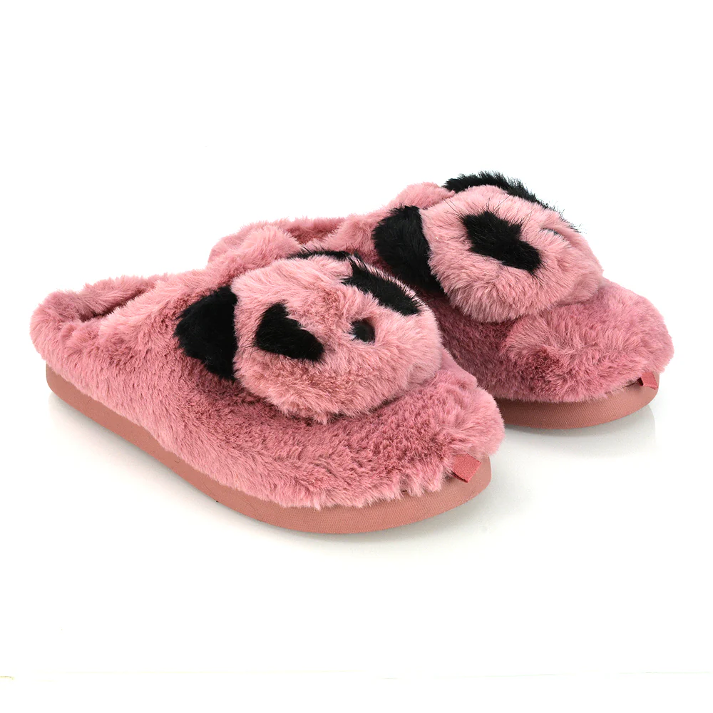 Maddie Fluffy Faux Fur Closed Toe Slip on Flat Panda Slipper Slides in Black - Image 18
