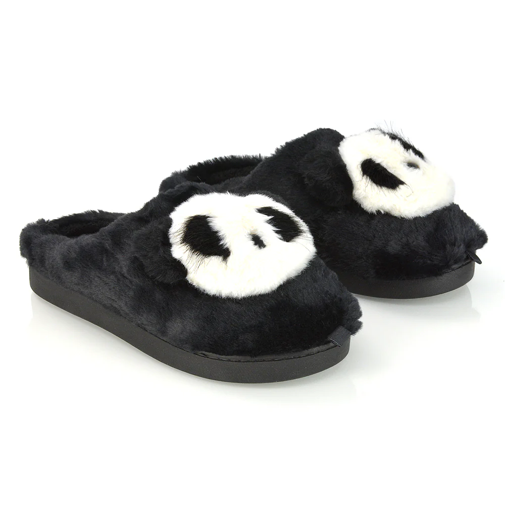 Maddie Fluffy Faux Fur Closed Toe Slip on Flat Panda Slipper Slides in Black - Image 24