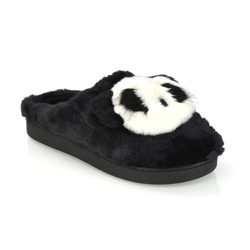 Maddie Fluffy Faux Fur Closed Toe Slip on Flat Panda Slipper Slides in Black - Image 28