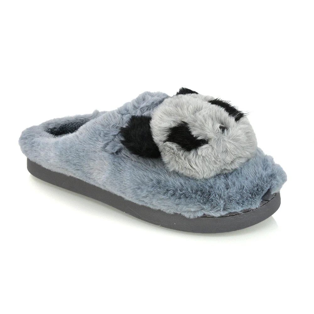 Maddie Fluffy Faux Fur Closed Toe Slip on Flat Panda Slipper Slides in Black - Image 8