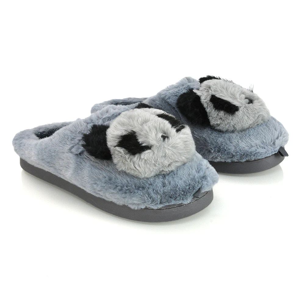 Maddie Fluffy Faux Fur Closed Toe Slip on Flat Panda Slipper Slides in Grey - Image 9