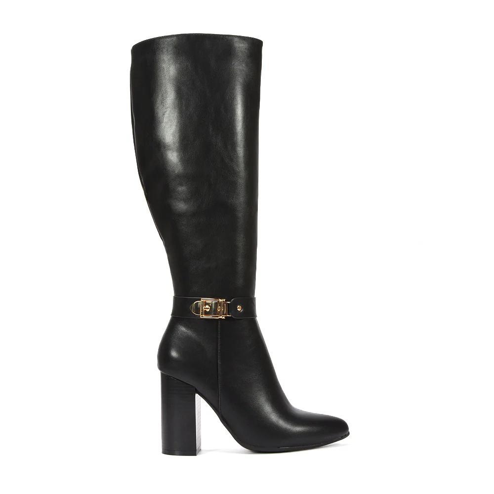 Maddie Wide Leg Calf Knee High Boots With Block High Heel in Black Synthetic Leather