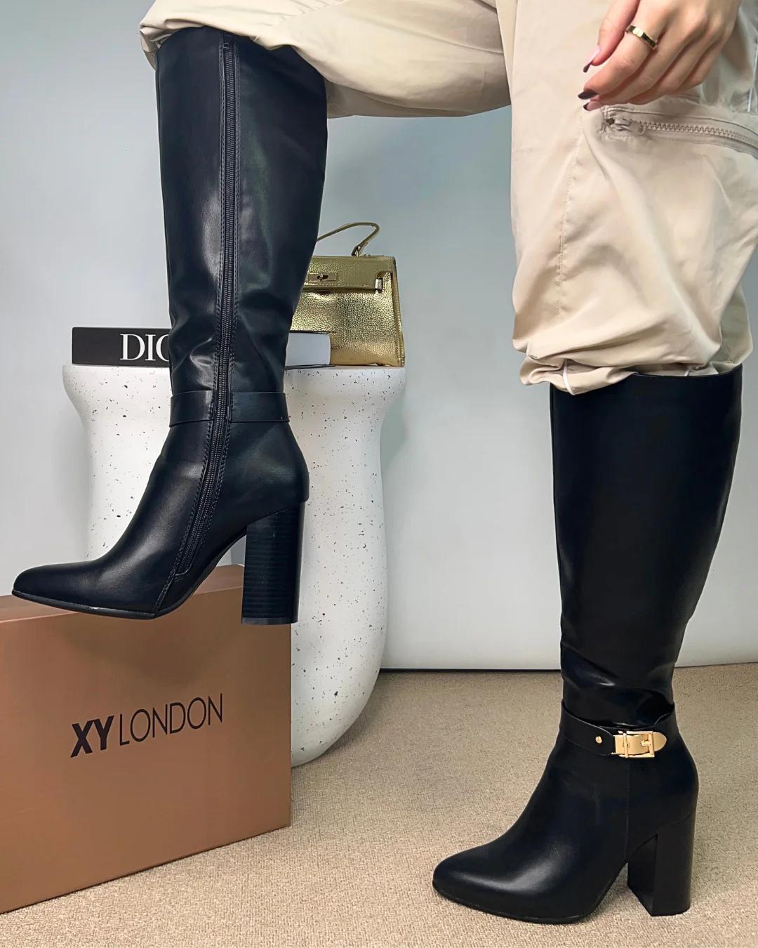 Maddie Wide Leg Calf Knee High Boots With Block High Heel in Black Synthetic Leather - Image 2
