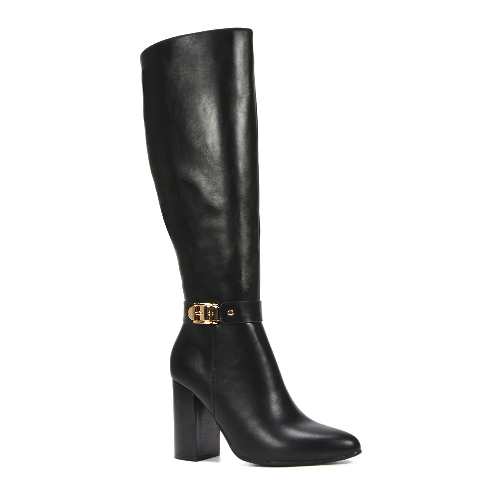 Maddie Wide Leg Calf Knee High Boots With Block High Heel in Black Synthetic Leather - Image 3