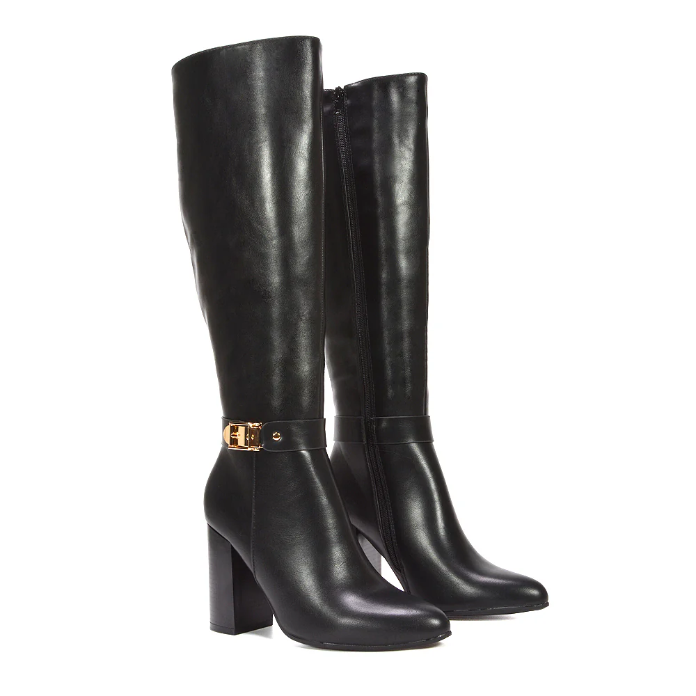 Maddie Wide Leg Calf Knee High Boots With Block High Heel in Black Synthetic Leather - Image 4