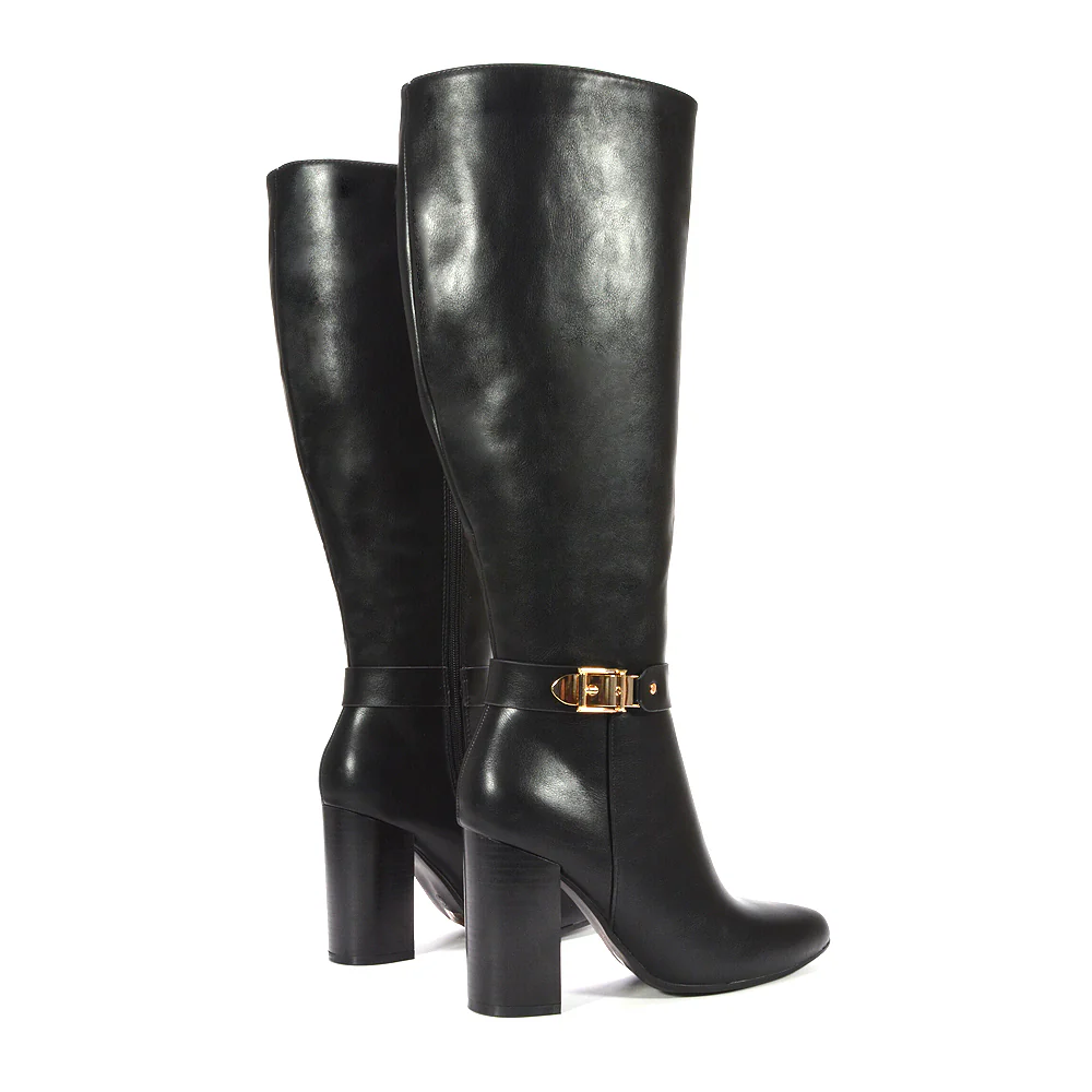 Maddie Wide Leg Calf Knee High Boots With Block High Heel in Black Synthetic Leather - Image 5