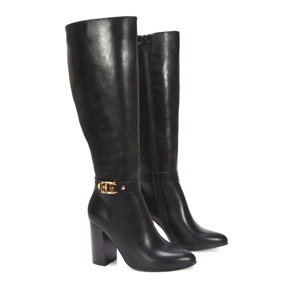 Maddie Wide Leg Calf Knee High Boots With Block High Heel in Black Synthetic Leather - Image 6