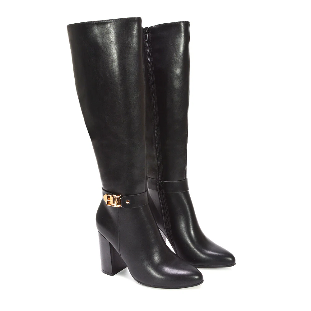 Maddie Wide Leg Calf Knee High Boots With Block High Heel in Black Synthetic Leather - Image 7