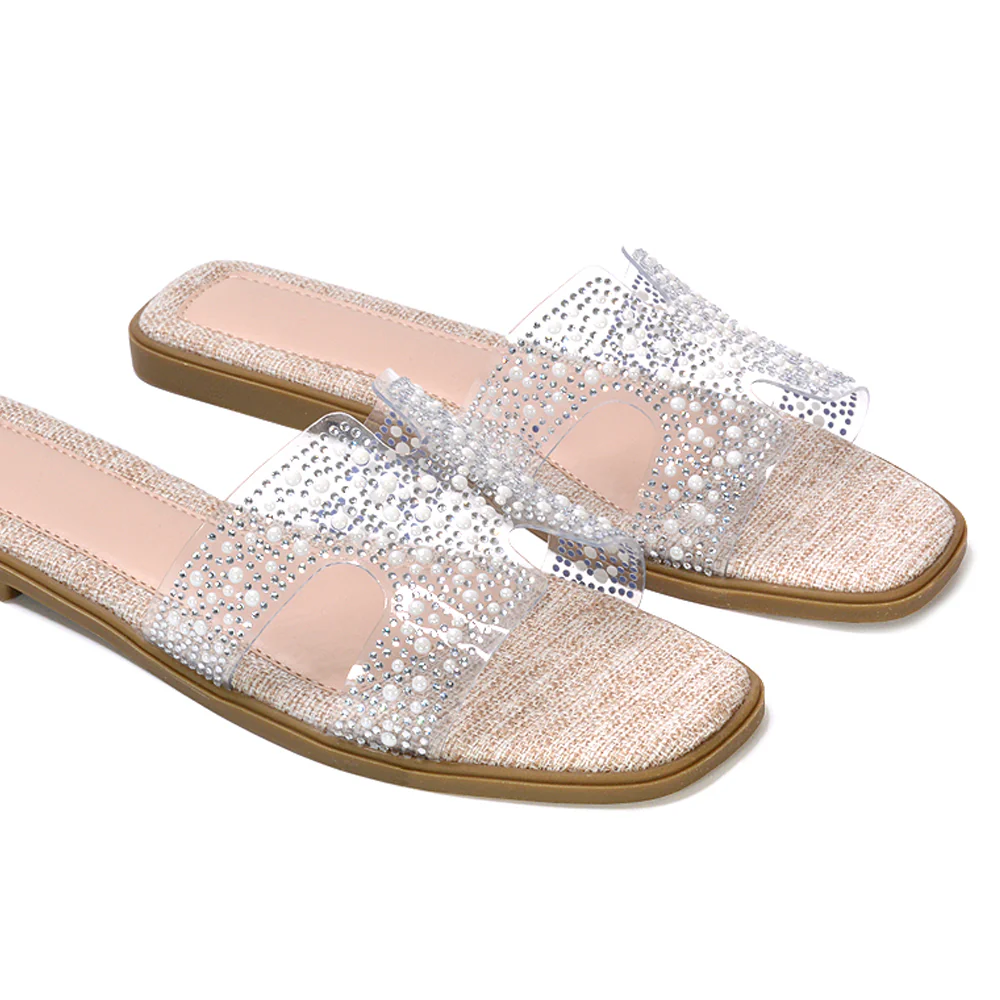 Mae Rhinestone Slip On Flat Sandal Sparkly Summer Slides in Nude - Image 2