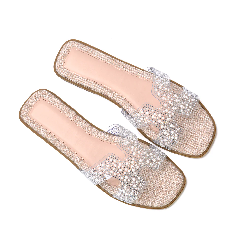 Mae Rhinestone Slip On Flat Sandal Sparkly Summer Slides in Nude - Image 3