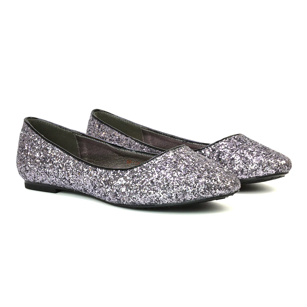 MALEFICENT FLAT BLOCK HIGH HEELED SLIP ON BALLERINA PUMP SHOES IN BLACK GLITTER - Image 11
