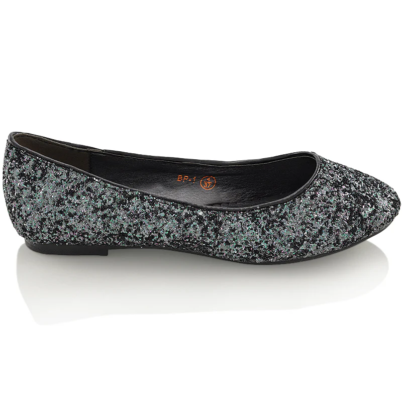 MALEFICENT FLAT BLOCK HIGH HEELED SLIP ON BALLERINA PUMP SHOES IN BLACK GLITTER - Image 8