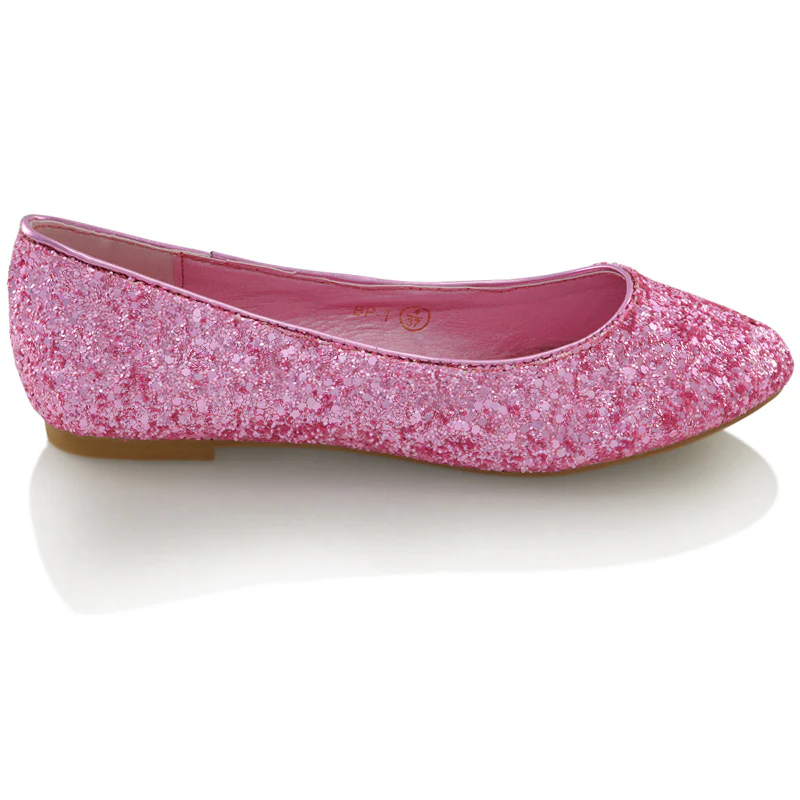 MALEFICENT FLAT BLOCK HIGH HEELED SLIP ON BALLERINA PUMP SHOES IN PINK GLITTER - Image 6