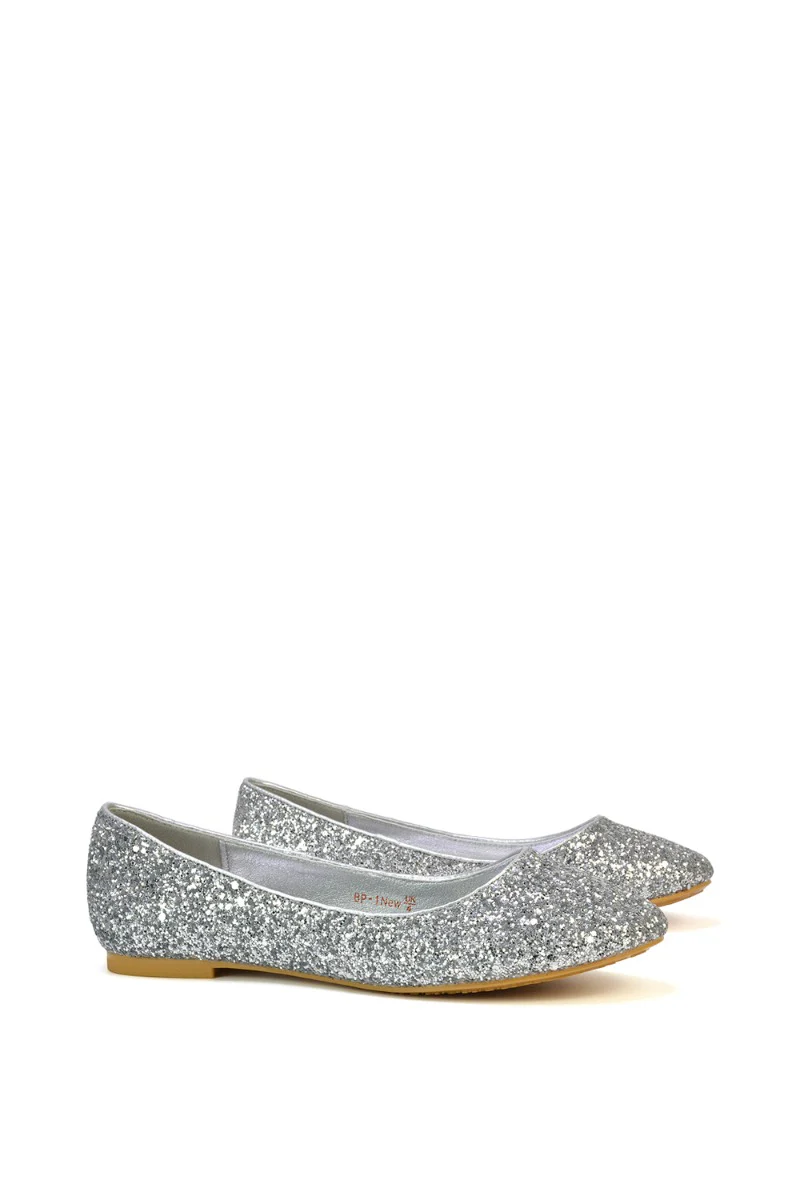 MALEFICENT FLAT BLOCK HIGH HEELED SLIP ON BALLERINA PUMP SHOES IN SILVER GLITTER - Image 12