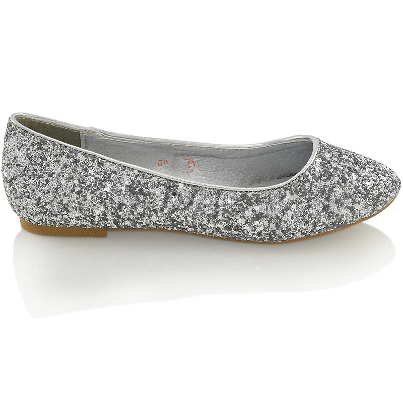 MALEFICENT FLAT BLOCK HIGH HEELED SLIP ON BALLERINA PUMP SHOES IN SILVER GLITTER - Image 6