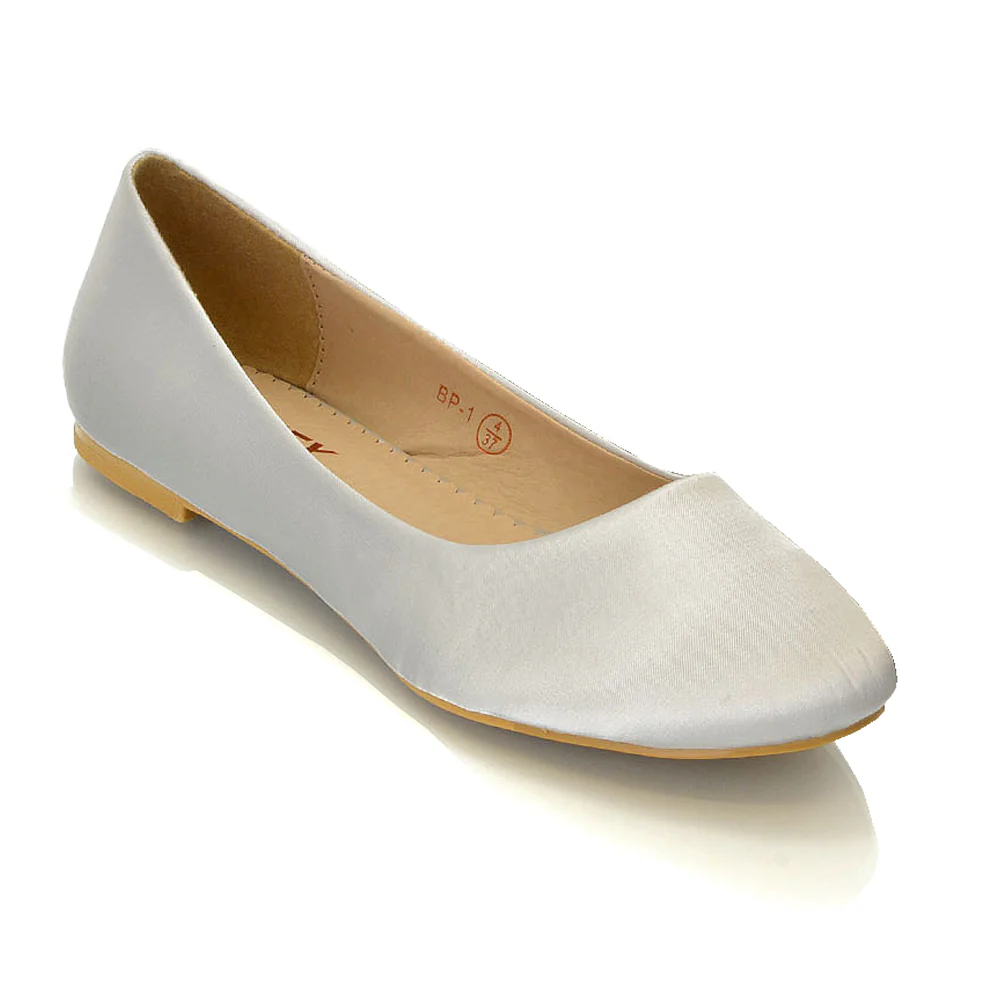 MALEFICENT FLAT BLOCK HIGH HEELED SLIP ON BALLERINA PUMP SHOES IN SILVER SATIN - Image 6