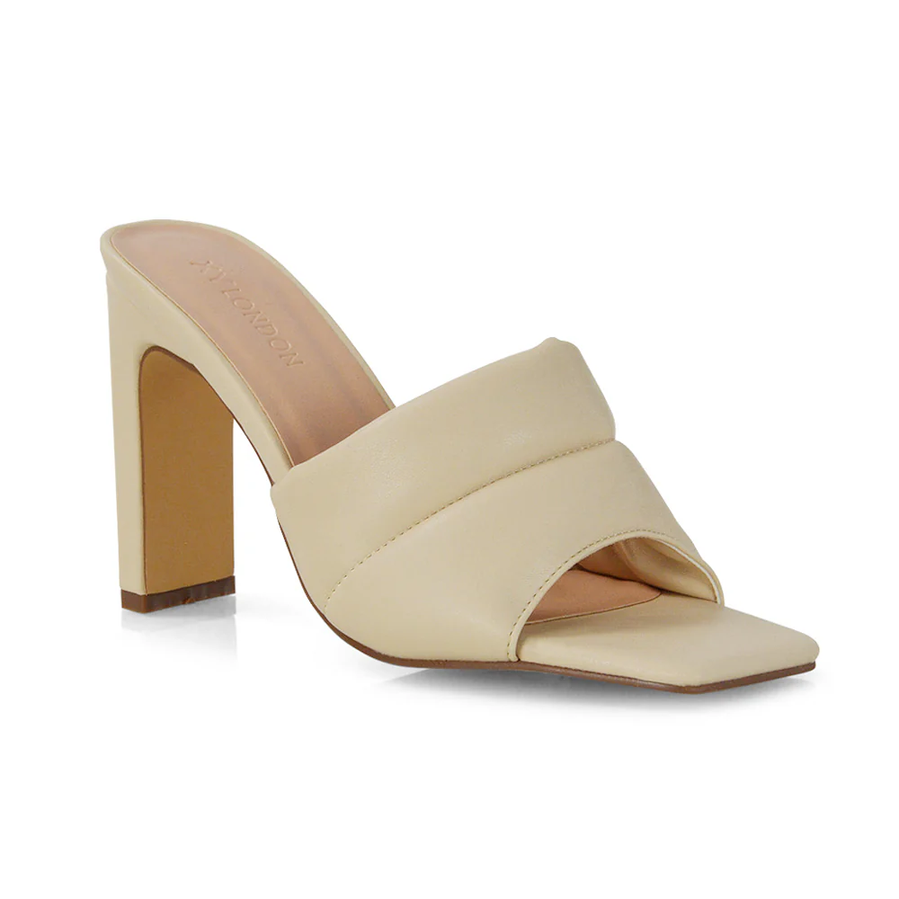 Mallory Square Toe Strappy Slip on Slim Block High Heel Mule Sandals in Black PU - Image 123