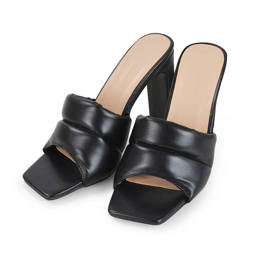 Mallory Square Toe Strappy Slip on Slim Block High Heel Mule Sandals in Black PU - Image 45