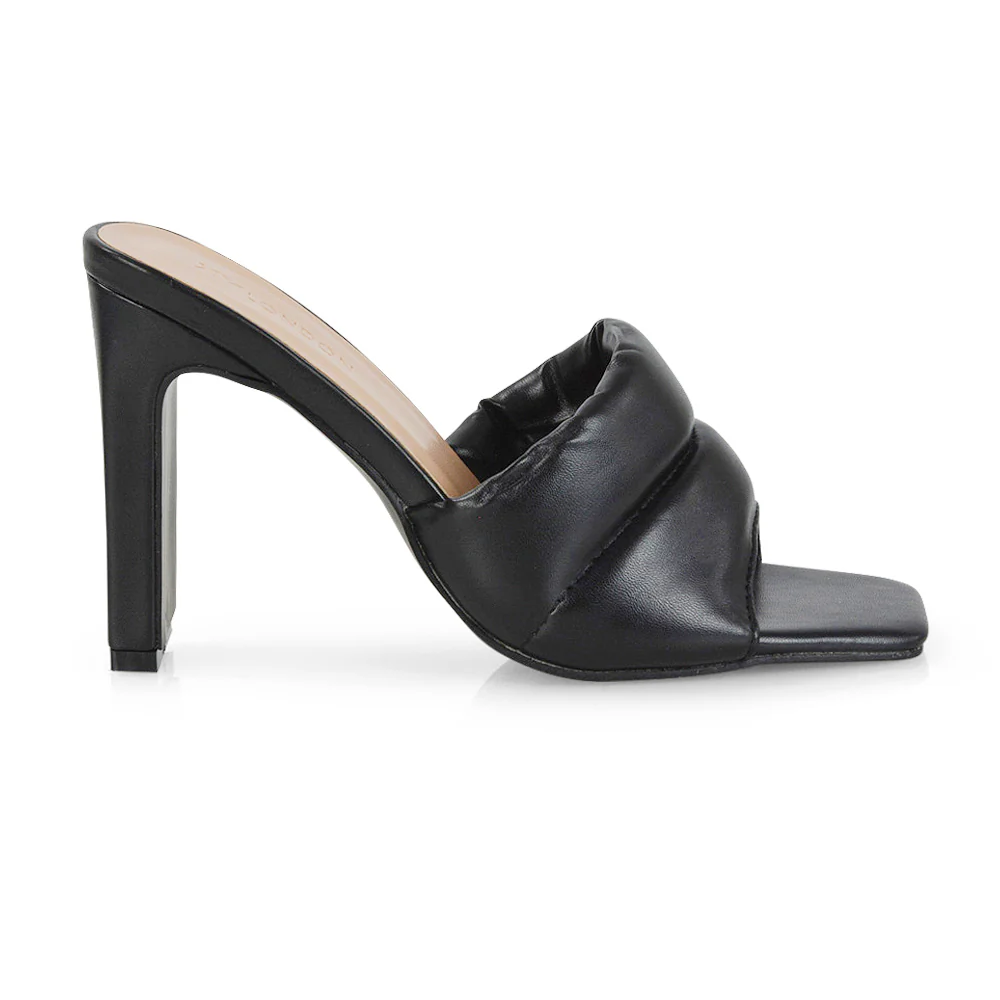 Mallory Square Toe Strappy Slip on Slim Block High Heel Mule Sandals in Black PU - Image 64