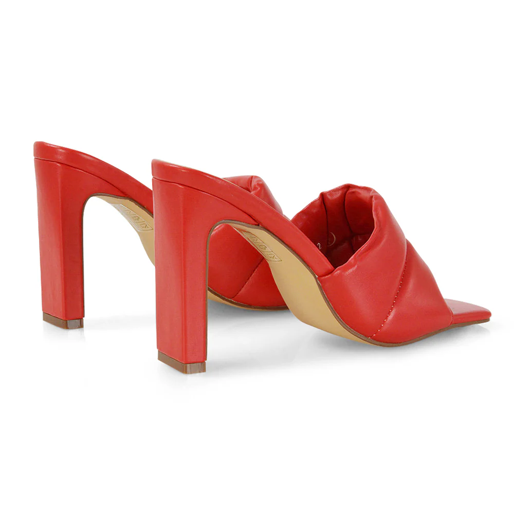 Mallory Square Toe Strappy Slip on Slim Block High Heel Mule Sandals in Nude - Image 11